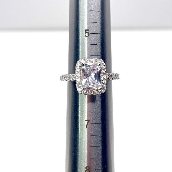 NEW STERLING SILVER | Emerald Cut Halo Engagement Ring - Picture 4 of 7